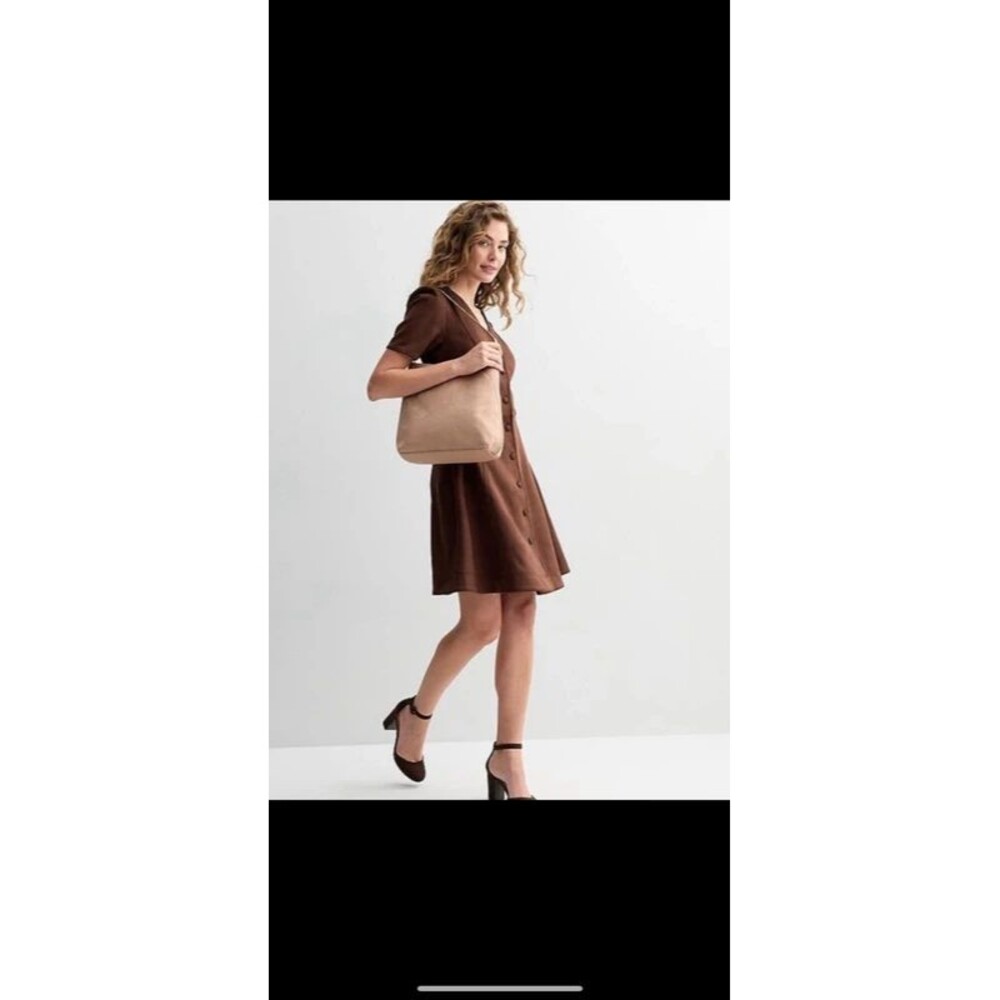 New Draper James Brown Faux Suede Short Sleeve Button Front Dress Womens Large